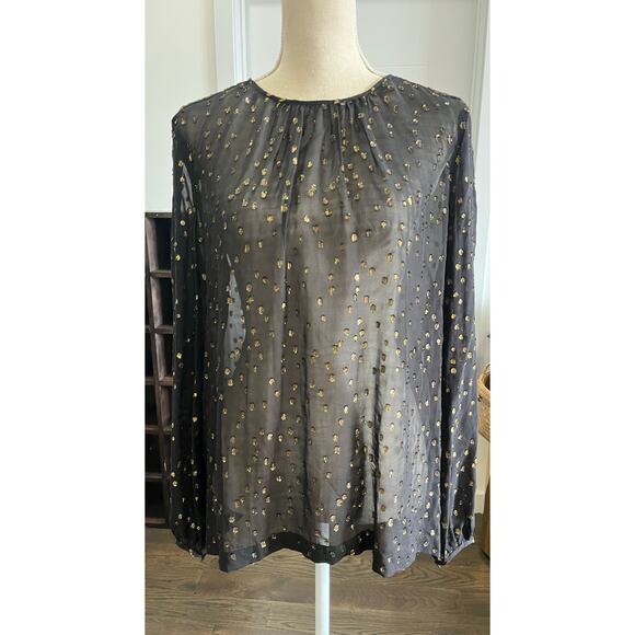 BCBGMaxAzria Black Metallic Gold Dot Silk Sheer Dark Romance Goth Flowy Blouse L - Picture 1 of 16